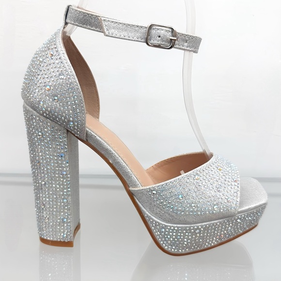 Silver Rhinestones Open Toe Platform Heels - Picture 2 of 4
